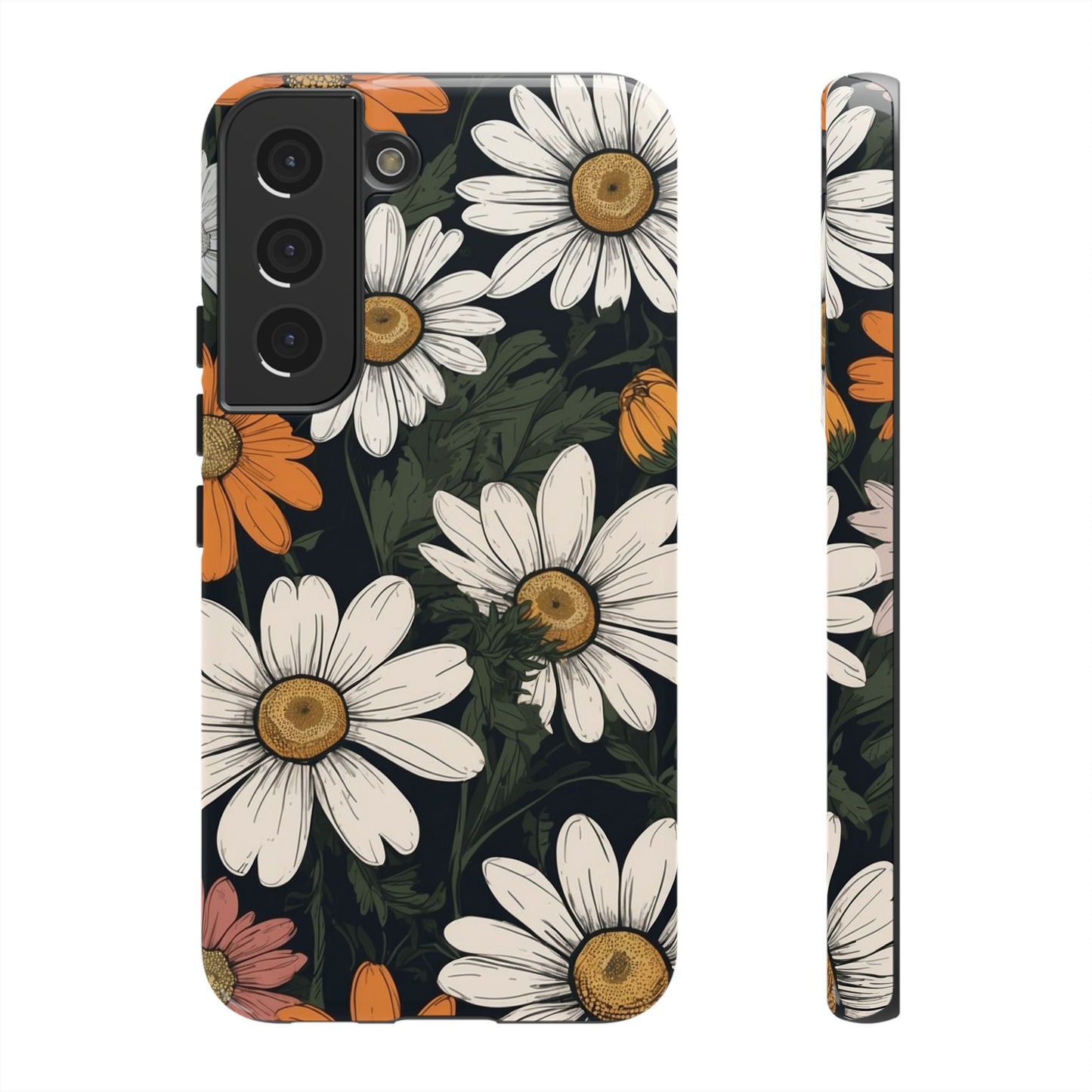Samsung Galaxy S22 / Glossy Phone Case - Boho Chic Daisies Floral Pattern ’White Orange & Pink’ Phone Case