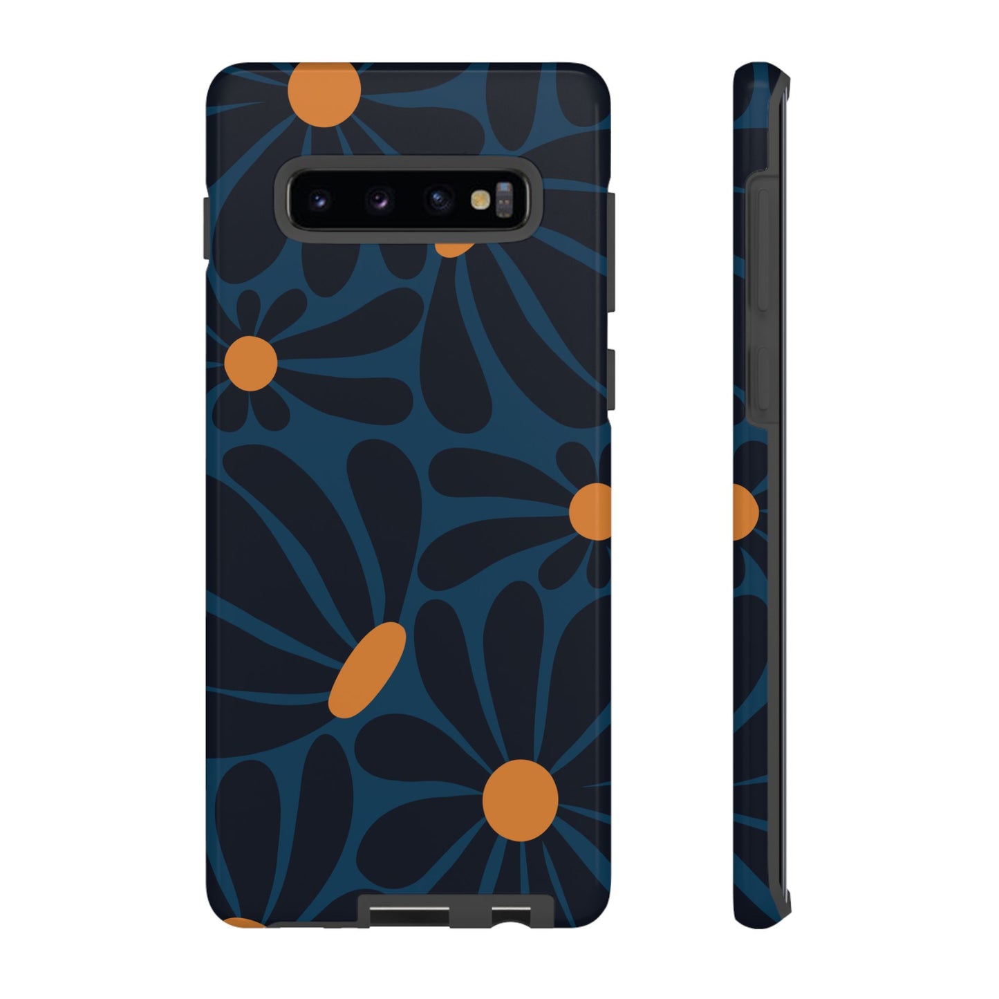 Samsung Galaxy S10 Plus / Glossy Phone Case - ’Dark Blue & Orange Daisy Pattern’ Phone Case