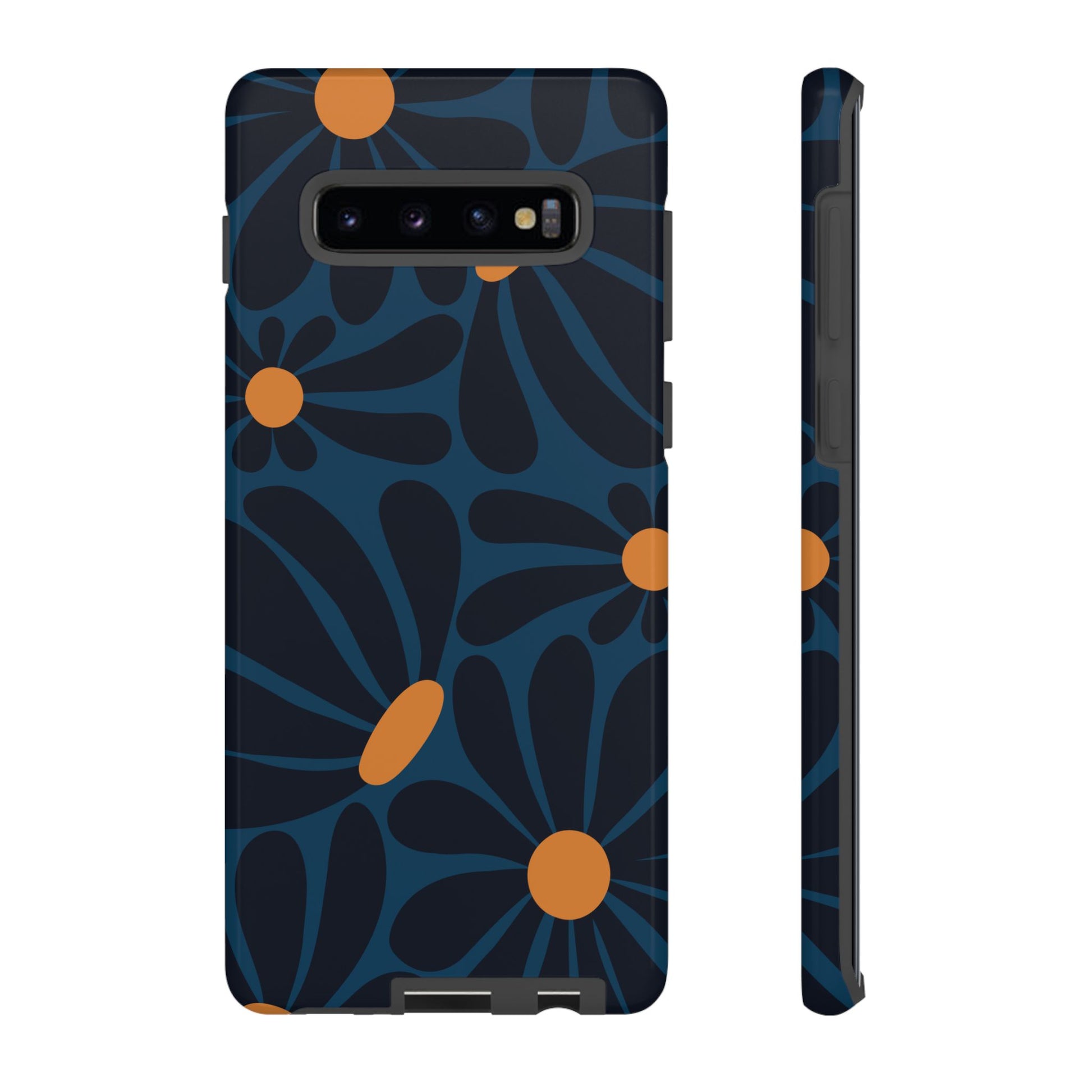 Dark Blue & Orange Daisy Pattern Phone Case - Blue Phone Case - Samsung Galaxy S10 Plus / Glossy