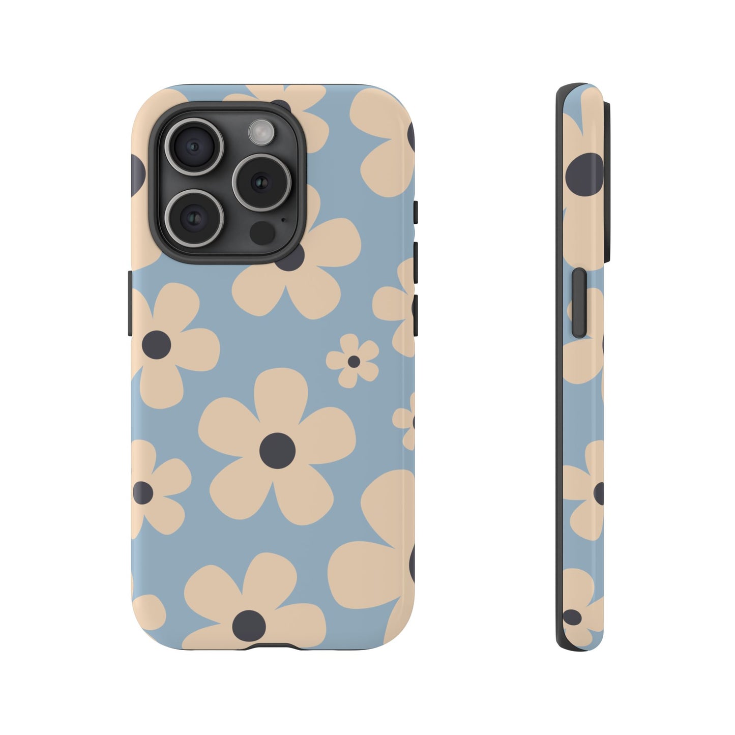 iPhone 15 Pro / Glossy Phone Case - Cute Light Blue & Cream Daisy Pattern Phone Case