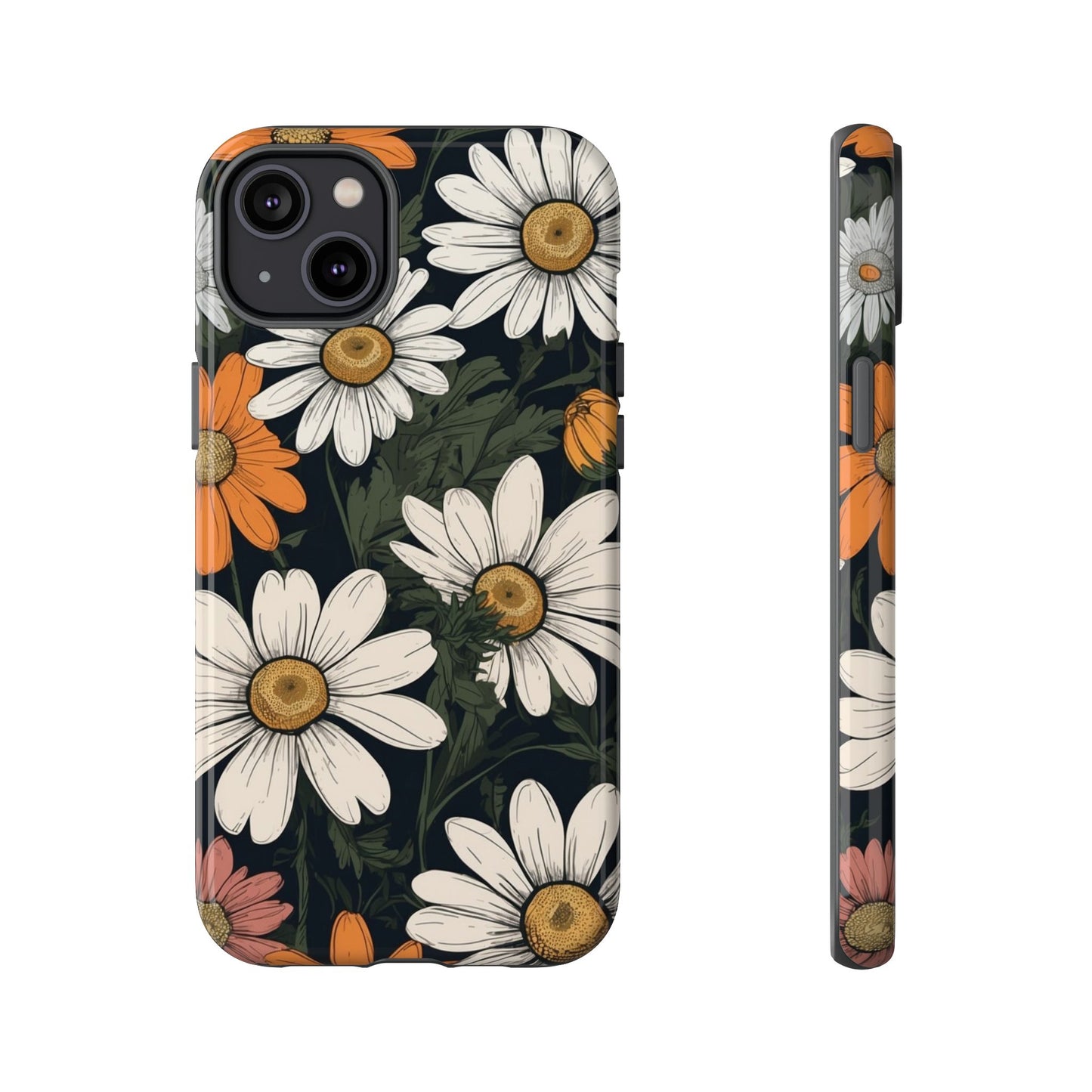 iPhone 14 Plus / Glossy Phone Case - Boho Chic Daisies Floral Pattern ’White Orange & Pink’ Phone Case