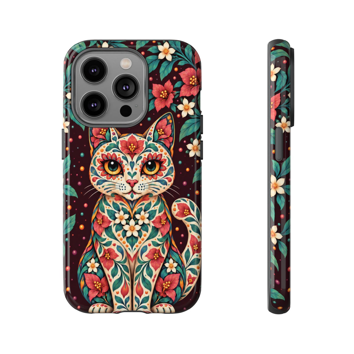 Vibrant Terracotta and Teal Calavera Cat Phone Case - Multicolor Phone Case - iPhone 14 Pro / Glossy