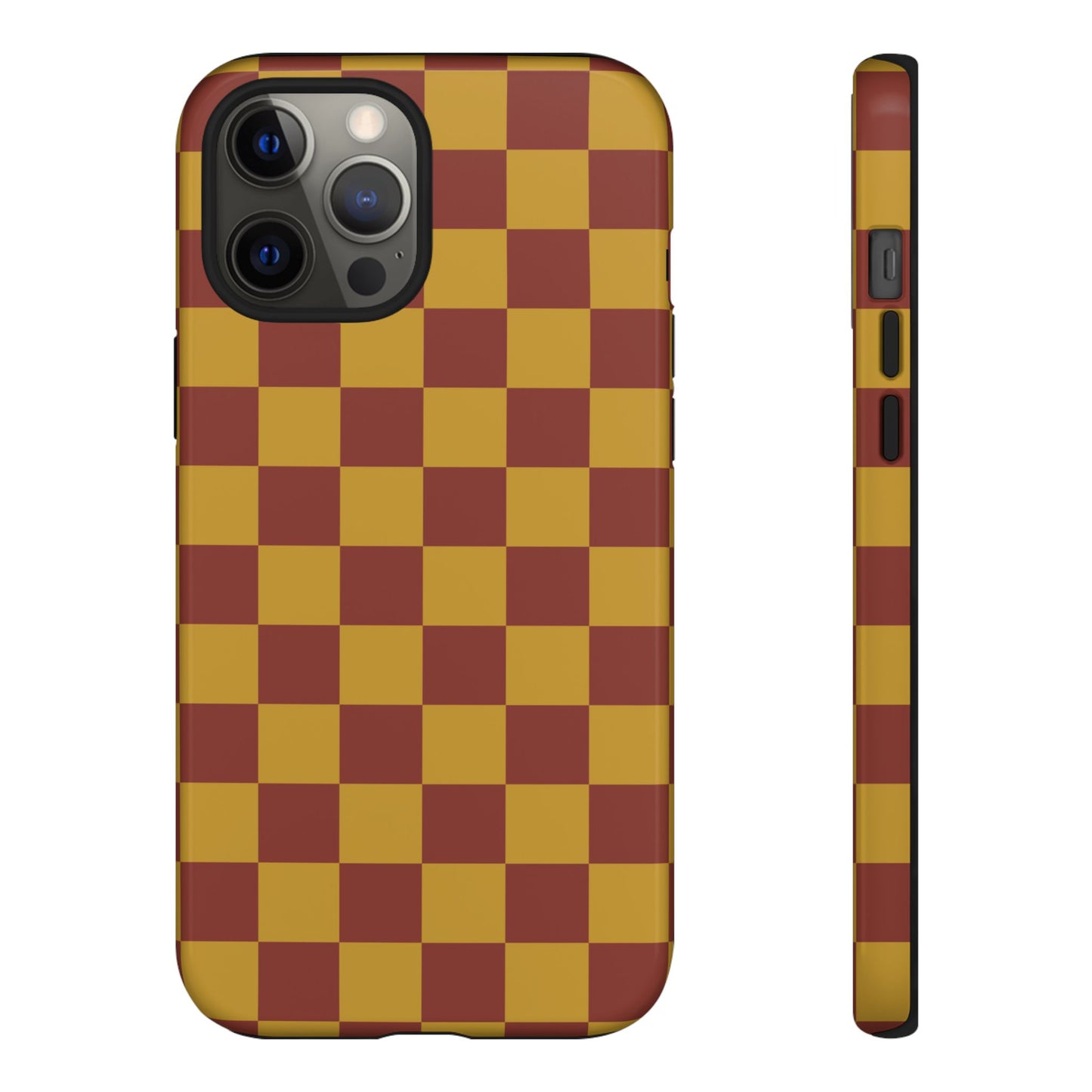 iPhone 12 Pro Max / Glossy Phone Case - Trendy Mustard & Burgandy Checked Pattern Phone Case