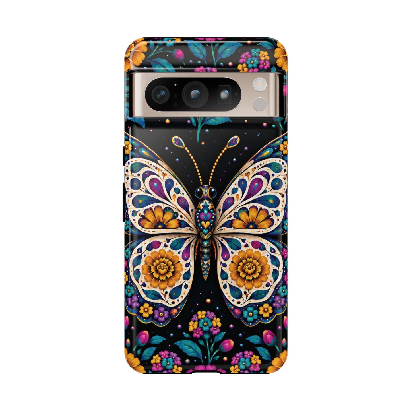 Vibrant Purple and Teal Calavera Butterfly Phone Case - Multicolor Phone Case - Google Pixel 8 Pro / Glossy