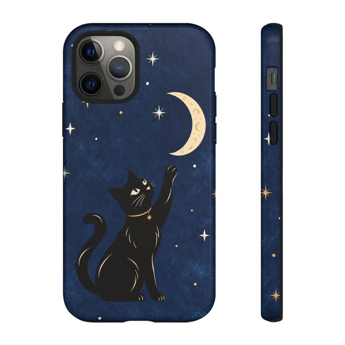 Whimsical Navy Blue Celestial Black Cat Phone Case