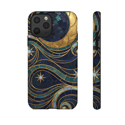 Elegant Navy & Gold Crescent Moon Mosaic Phone Case