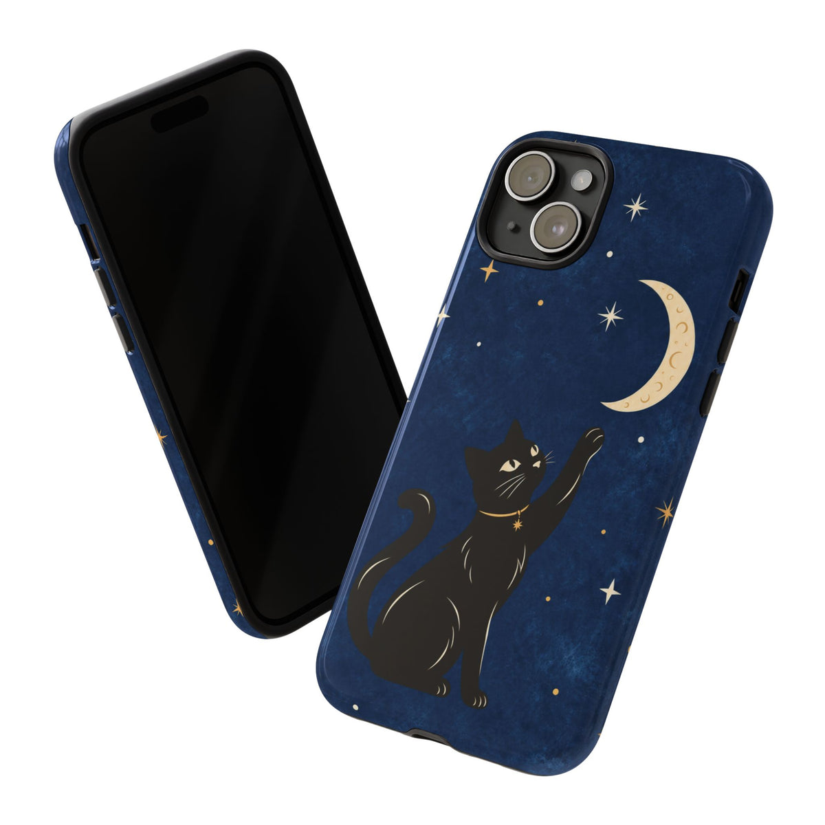Whimsical Navy Blue Celestial Black Cat Phone Case