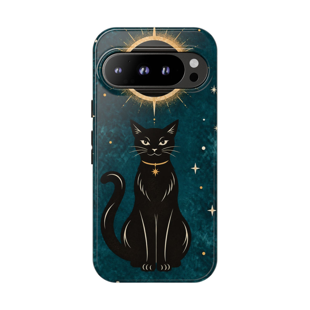 Whimsical Teal Celestial Black Cat Phone Case