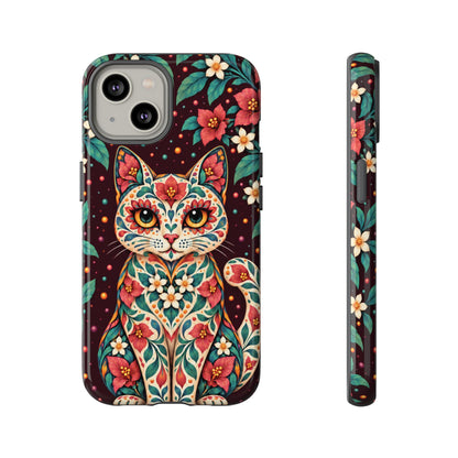 Vibrant Terracotta and Teal Calavera Cat Phone Case - Multicolor Phone Case - iPhone 14 / Glossy