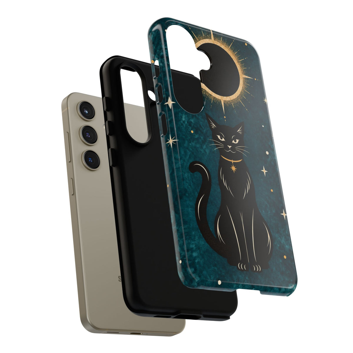 Whimsical Teal Celestial Black Cat Phone Case