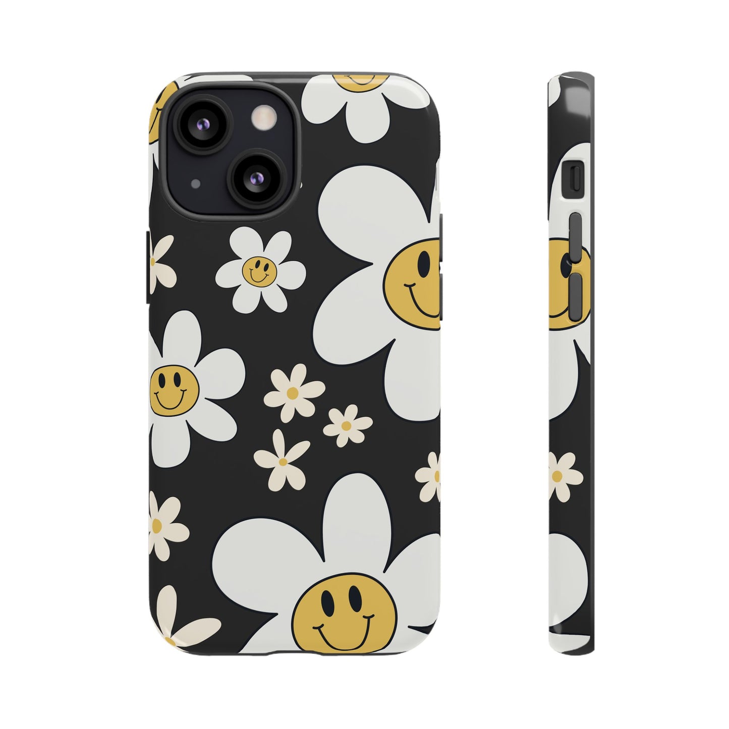 iPhone 13 Mini / Glossy Phone Case - Fun Retro Daisy Pattern with Dark Grey Background Phone Case