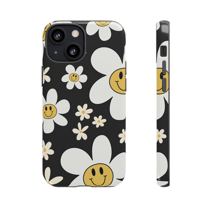 iPhone 13 Mini / Glossy Phone Case - Fun Retro Daisy Pattern with Dark Grey Background Phone Case