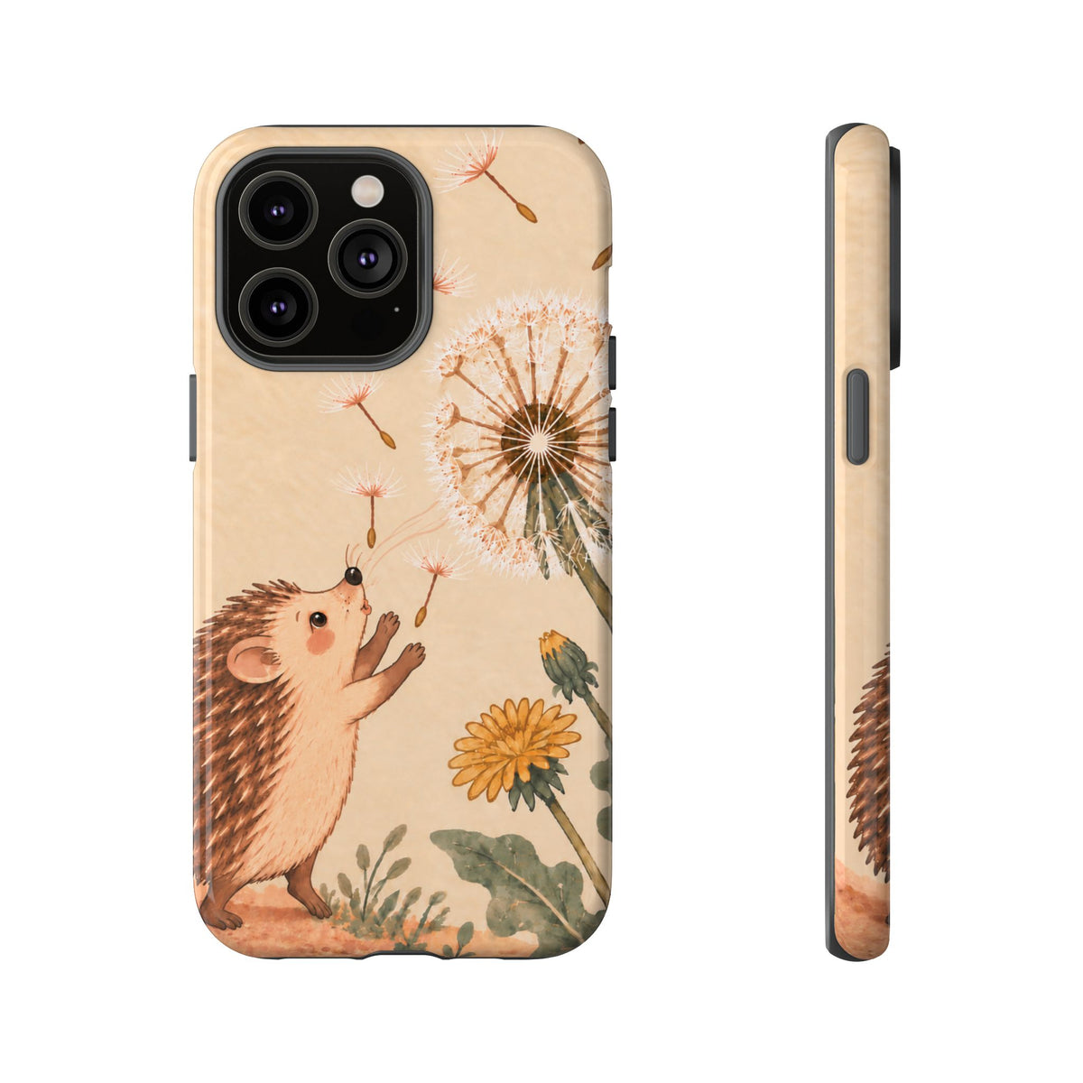 Whimsical Cream Hedgehog and Dandelion Phone Case - White Phone Case - iPhone 14 Pro Max / Glossy