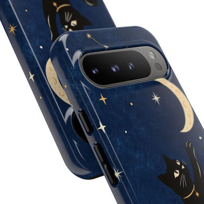 Whimsical Navy Blue Celestial Black Cat Phone Case