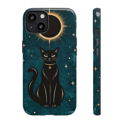 Whimsical Teal Celestial Black Cat Phone Case