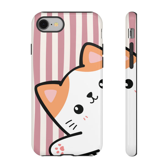 Playful Peakaboo Cat with Pink Stripe Pattern Phone Case - Pink Phone Case - iPhone 8 / Glossy