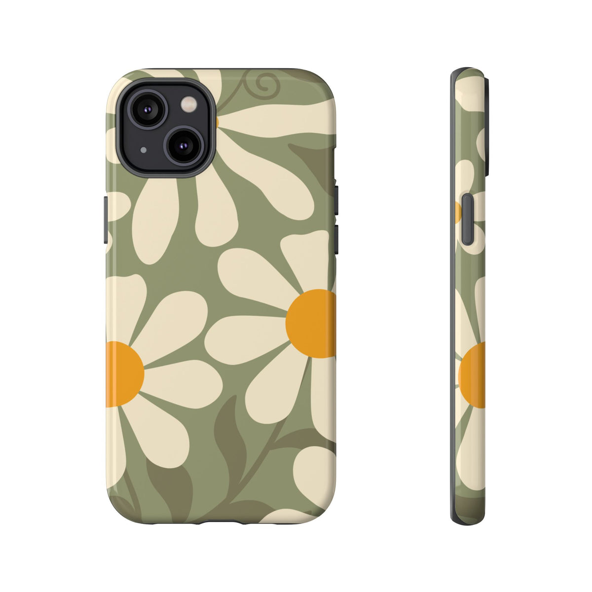 Retro Green Daisy Pattern #2 Phone Case - Green Phone Case - iPhone 14 Plus / Glossy