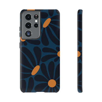 Dark Blue & Orange Daisy Pattern Phone Case - Blue Phone Case - Samsung Galaxy S21 Ultra / Glossy