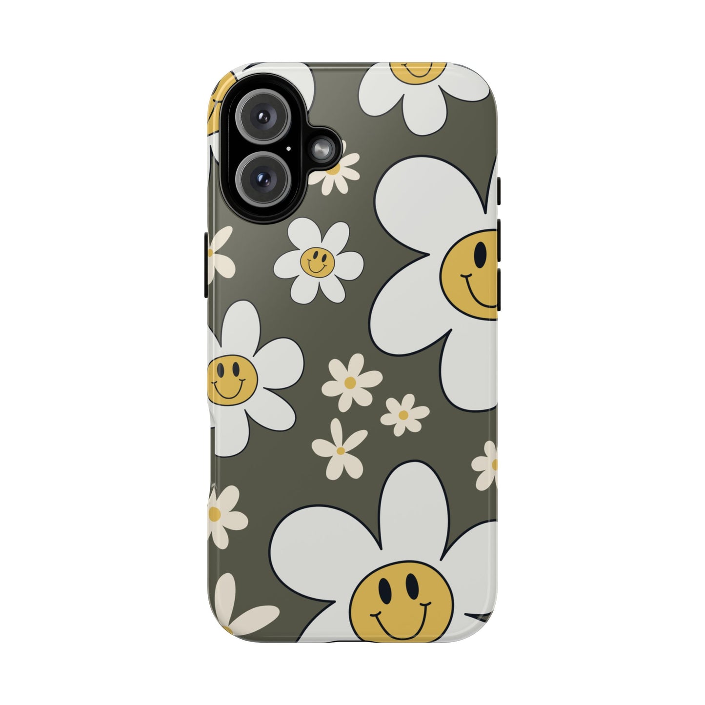 iPhone 16 Plus / Glossy Phone Case - Fun Retro Daisy Pattern with Olive Green Background Phone Case