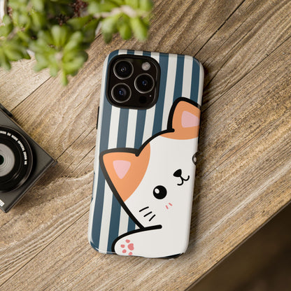 Playful Peakaboo Cat with Blue Stripe Pattern Phone Case - Blue Phone Case