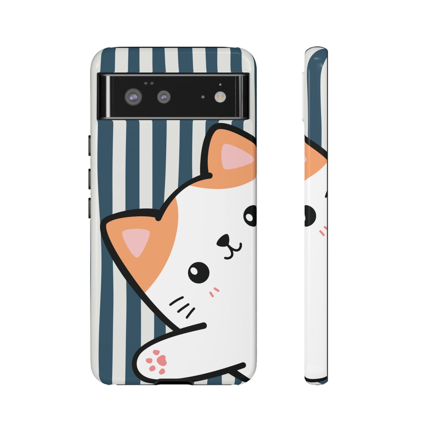 Playful Peakaboo Cat with Blue Stripe Pattern Phone Case - Blue Phone Case - Google Pixel 6 / Glossy