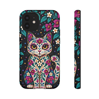 Vibrant Purple and Teal Calavera Cat Phone Case - Multicolor Phone Case - iPhone 12 Mini / Glossy