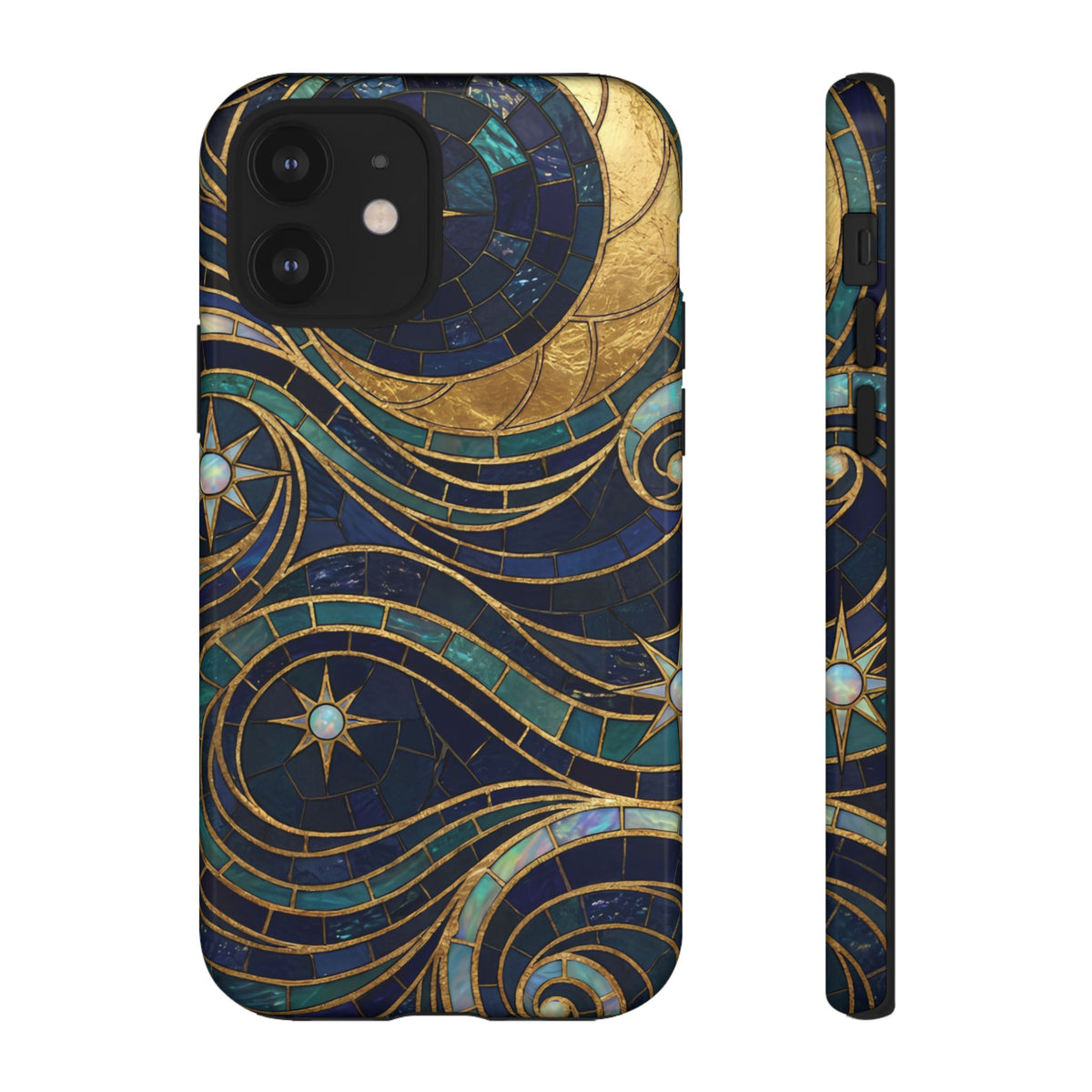 Elegant Navy & Gold Crescent Moon Mosaic Phone Case