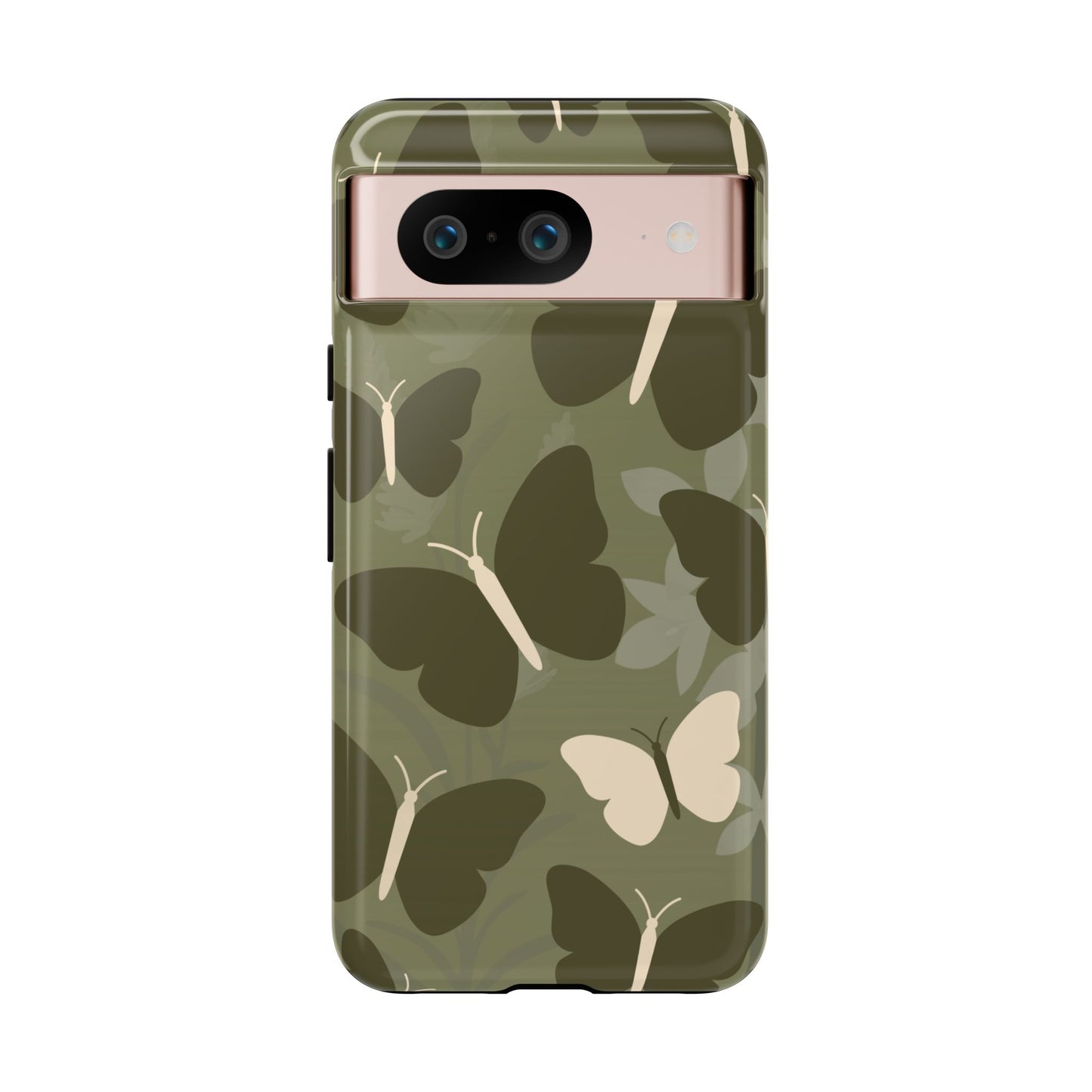 Google Pixel 8 / Glossy Phone Case - Minimalist Olive Green Butterfly Pattern Phone Case