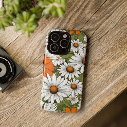 Phone Case - Boho Chic Daisies Floral Pattern ’White Orange & Green’ Phone Case