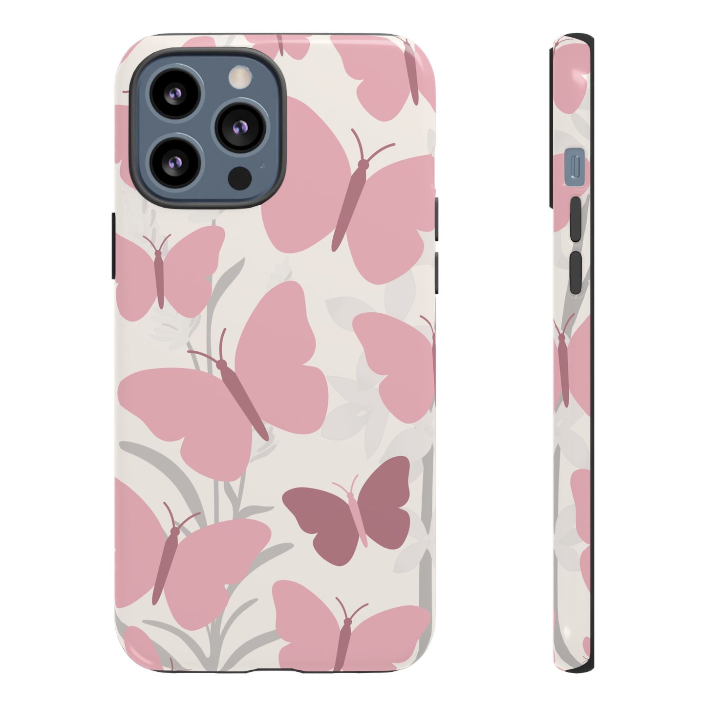 iPhone 13 Pro Max / Glossy Phone Case - Minimalist Cream & Pink Butterfly Pattern Phone Case