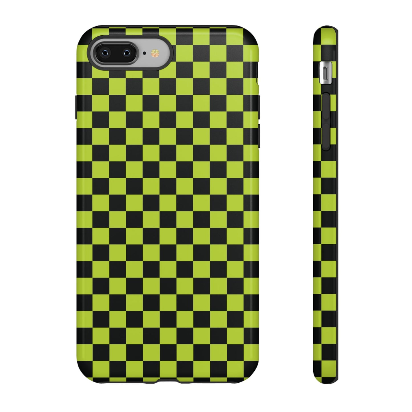 iPhone 8 Plus / Glossy Phone Case - Trendy Neon Lime Green & Plum Small Checked Pattern Phone Case