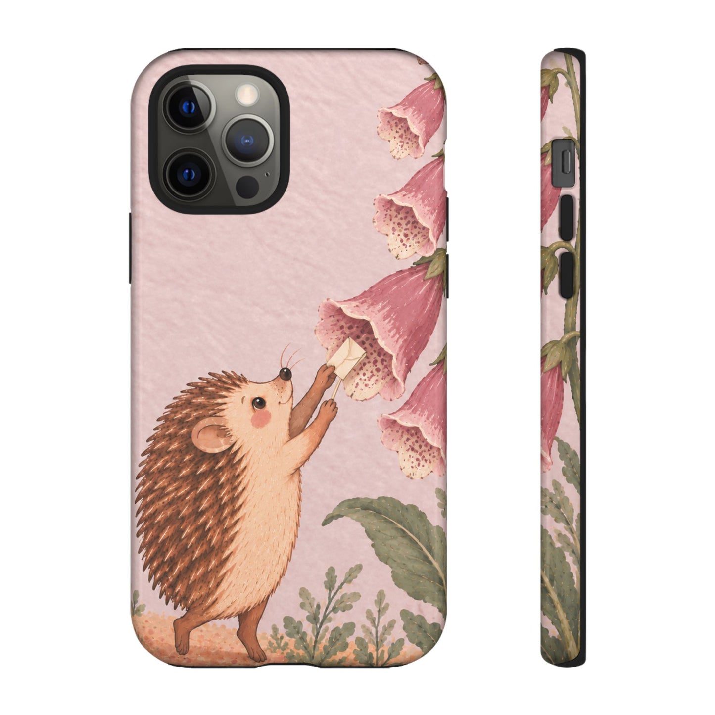 Whimsical Blush Pink Hedgehog and Foxglove Phone Case - Pink Phone Case - iPhone 12 Pro / Glossy