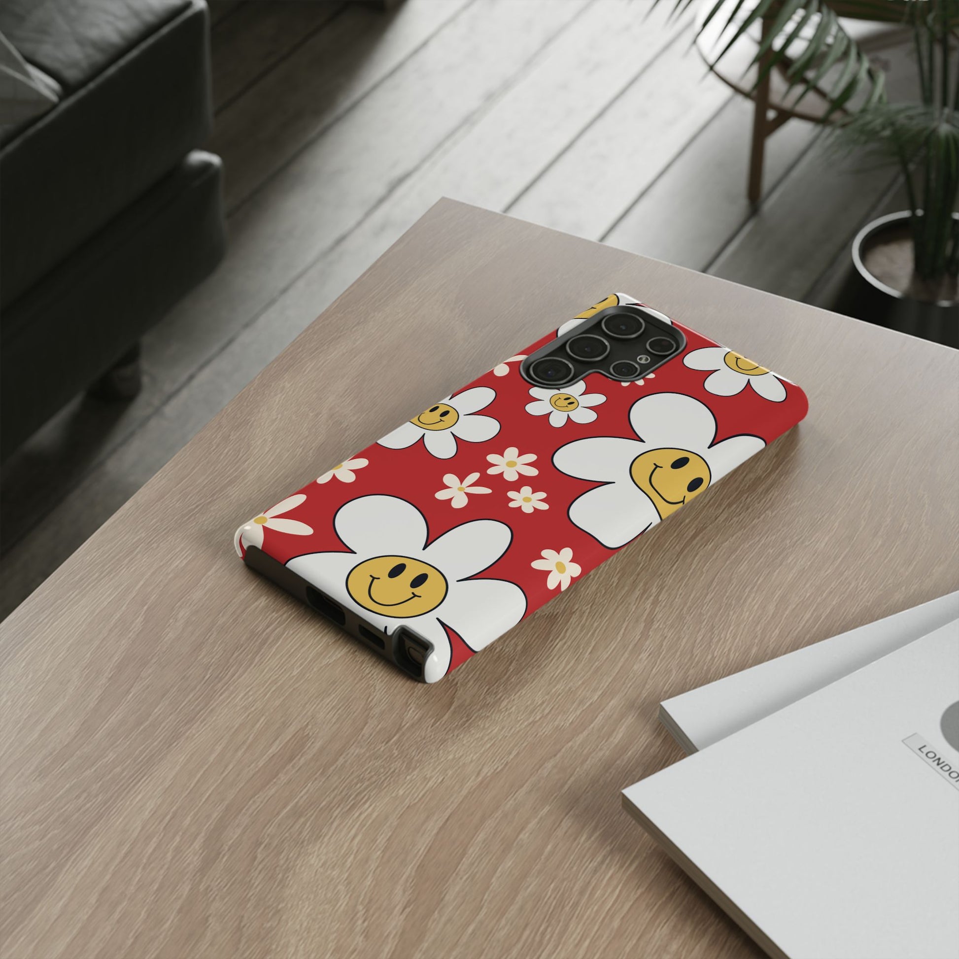Phone Case - Fun Retro Daisy Pattern with Red Background Phone Case