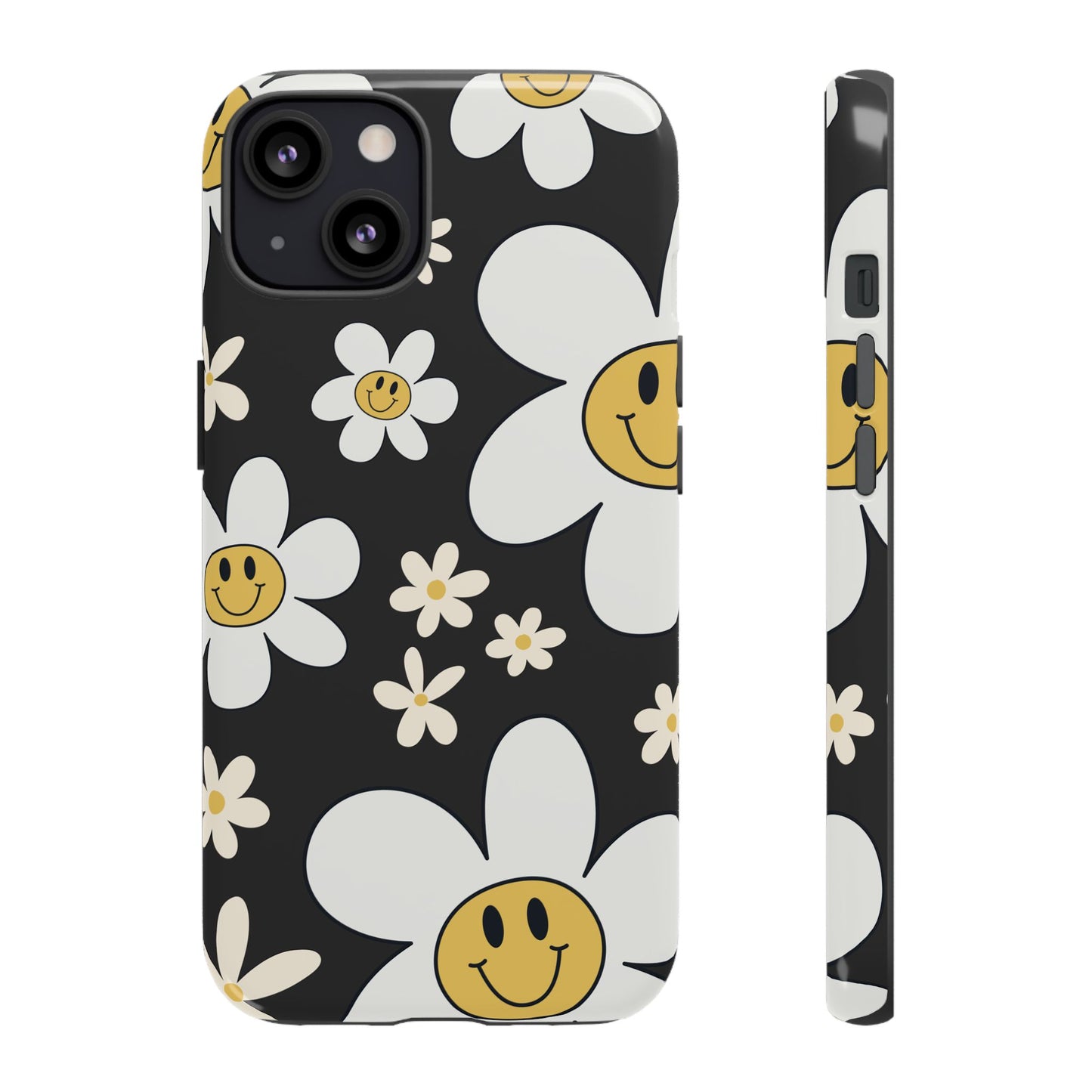 iPhone 13 / Glossy Phone Case - Fun Retro Daisy Pattern with Dark Grey Background Phone Case