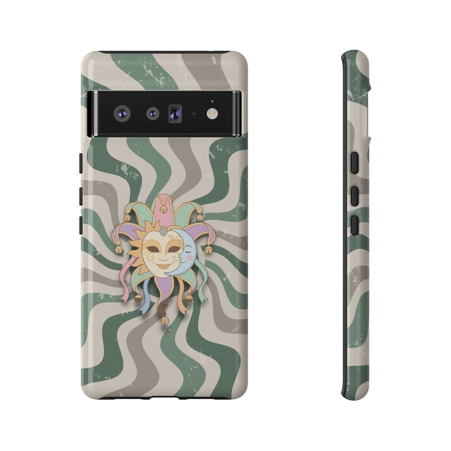 Google Pixel 6 Pro / Glossy Phone Case - Sun & Moon Jester Mask – Green Retro Wave Phone Case