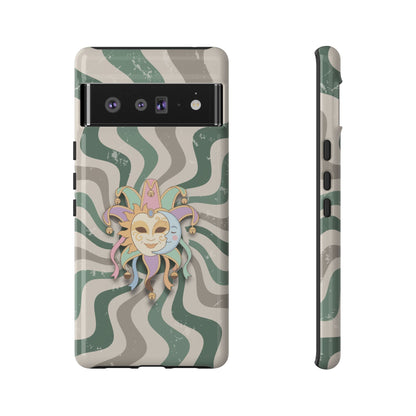 Google Pixel 6 Pro / Glossy Phone Case - Sun & Moon Jester Mask – Green Retro Wave Phone Case
