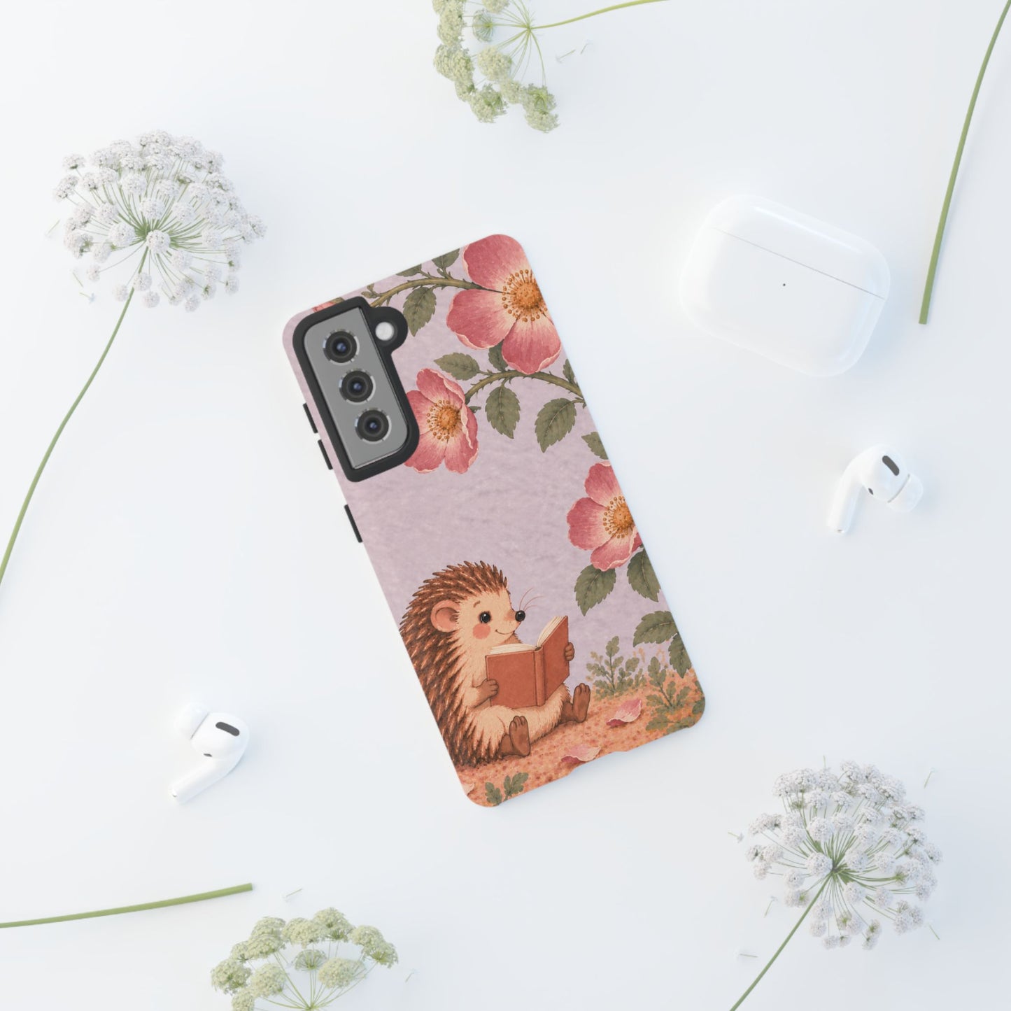 Whimsical Lilac Hedgehog and Wild Rose Phone Case - Purple Phone Case