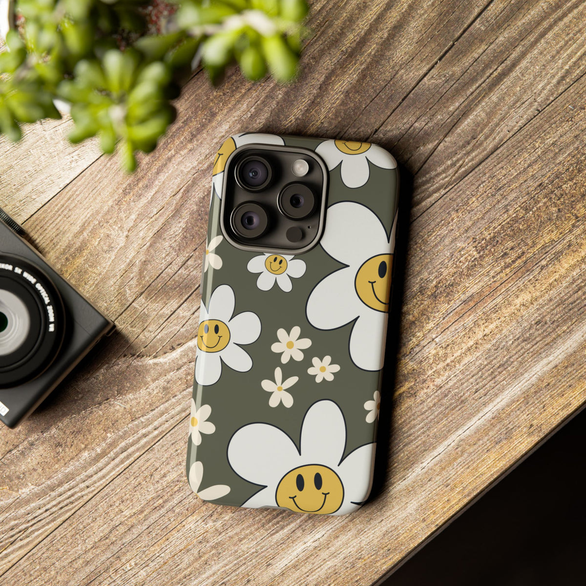 Fun Retro Daisy Pattern with Olive Green Background Phone Case - Green Phone Case