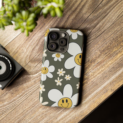 Fun Retro Daisy Pattern with Olive Green Background Phone Case - Green Phone Case