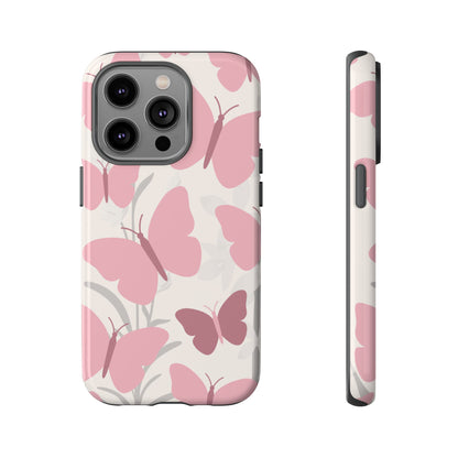 iPhone 14 Pro / Glossy Phone Case - Minimalist Cream & Pink Butterfly Pattern Phone Case