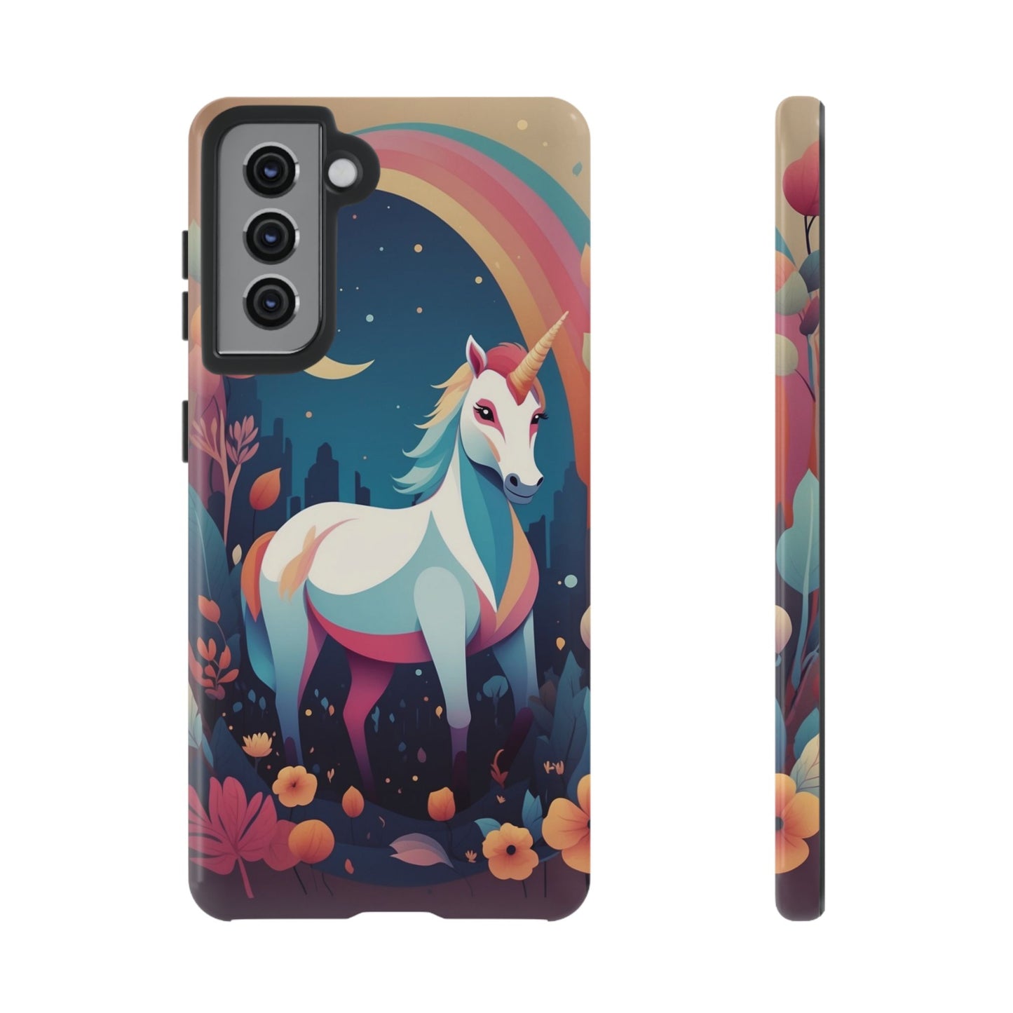 Samsung Galaxy S21 / Glossy Phone Case - Stylised Unicorn & Rainbow Design Phone Case
