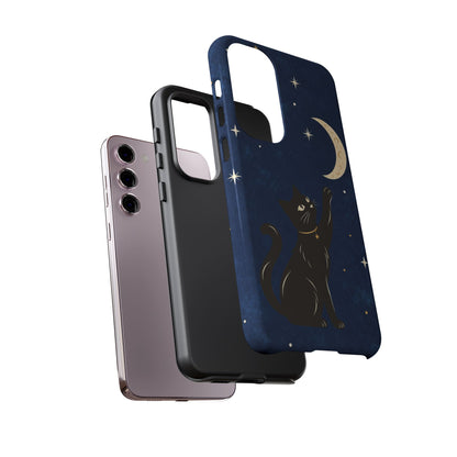 Whimsical Navy Blue Celestial Black Cat Phone Case