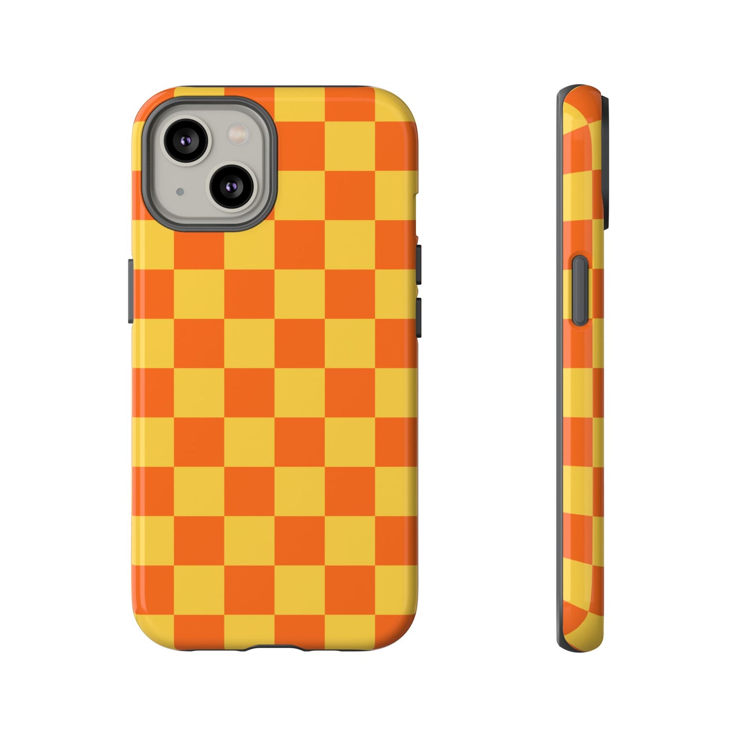 iPhone 14 / Glossy Phone Case - Trendy Orange & Yellow Checked Pattern Phone Case