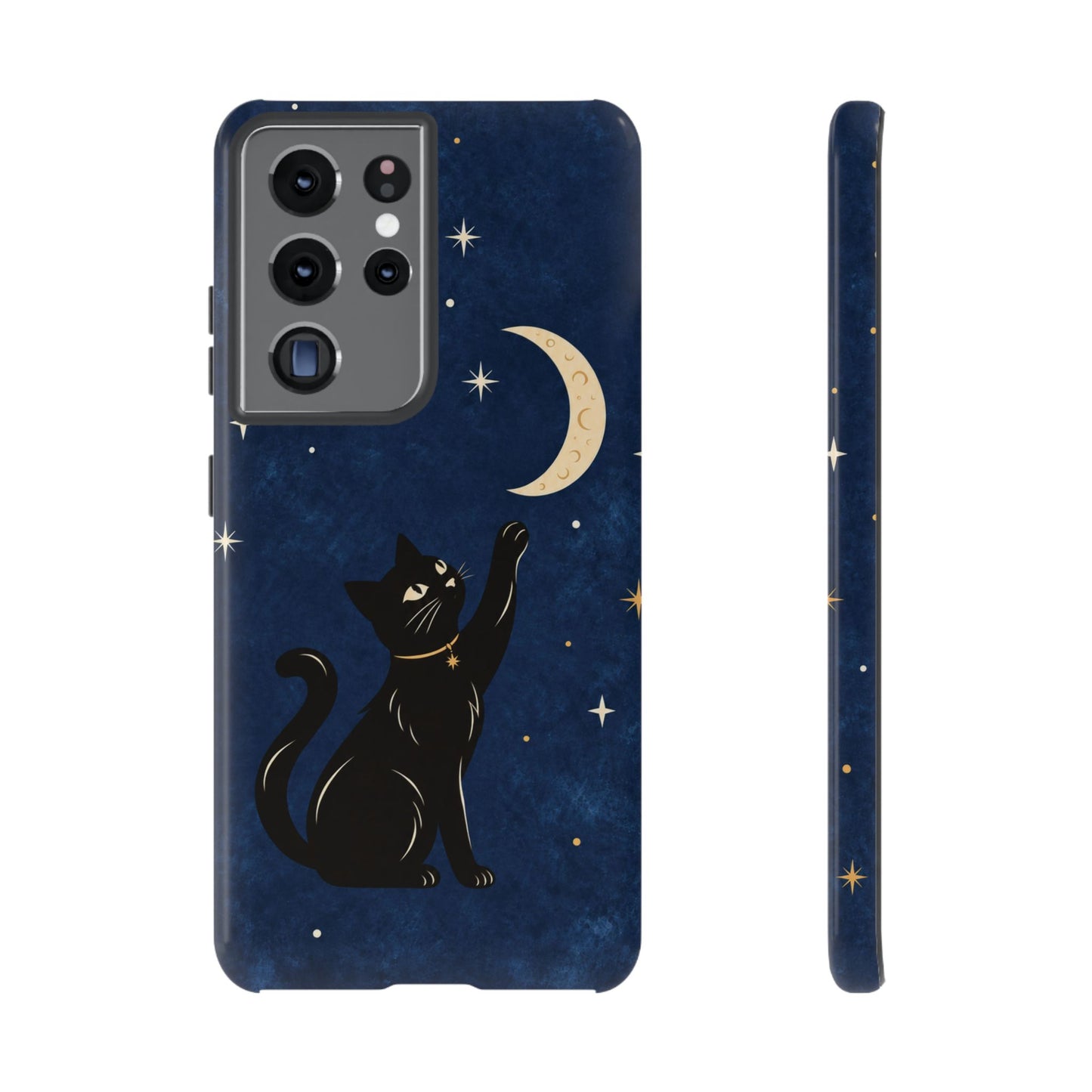 Whimsical Navy Blue Celestial Black Cat Phone Case
