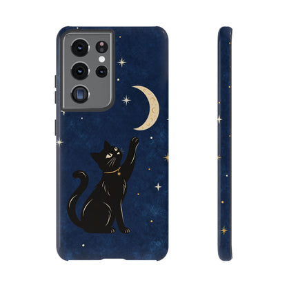 Whimsical Navy Blue Celestial Black Cat Phone Case