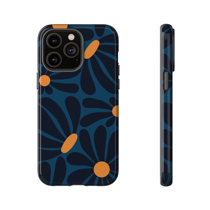 iPhone 14 Pro Max / Glossy Phone Case - ’Dark Blue & Orange Daisy Pattern’ Phone Case