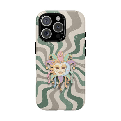 iPhone 16 Pro / Glossy Phone Case - Sun & Moon Jester Mask – Green Retro Wave Phone Case