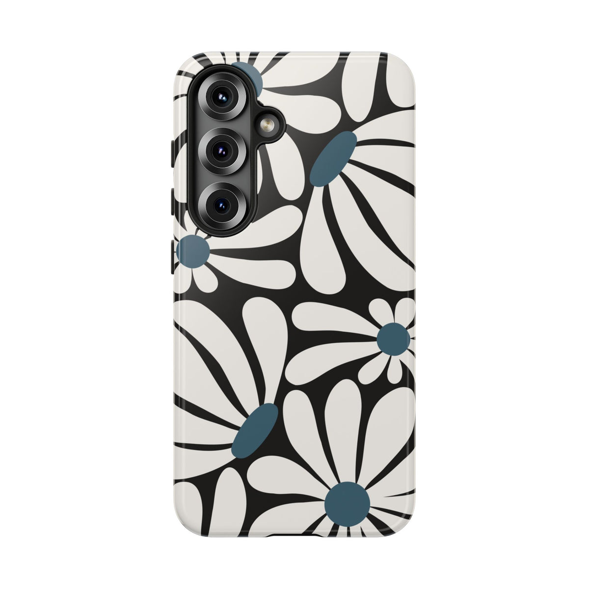 Retro Black Daisy Pattern Phone Case - Black Phone Case - Samsung Galaxy S25 / Glossy