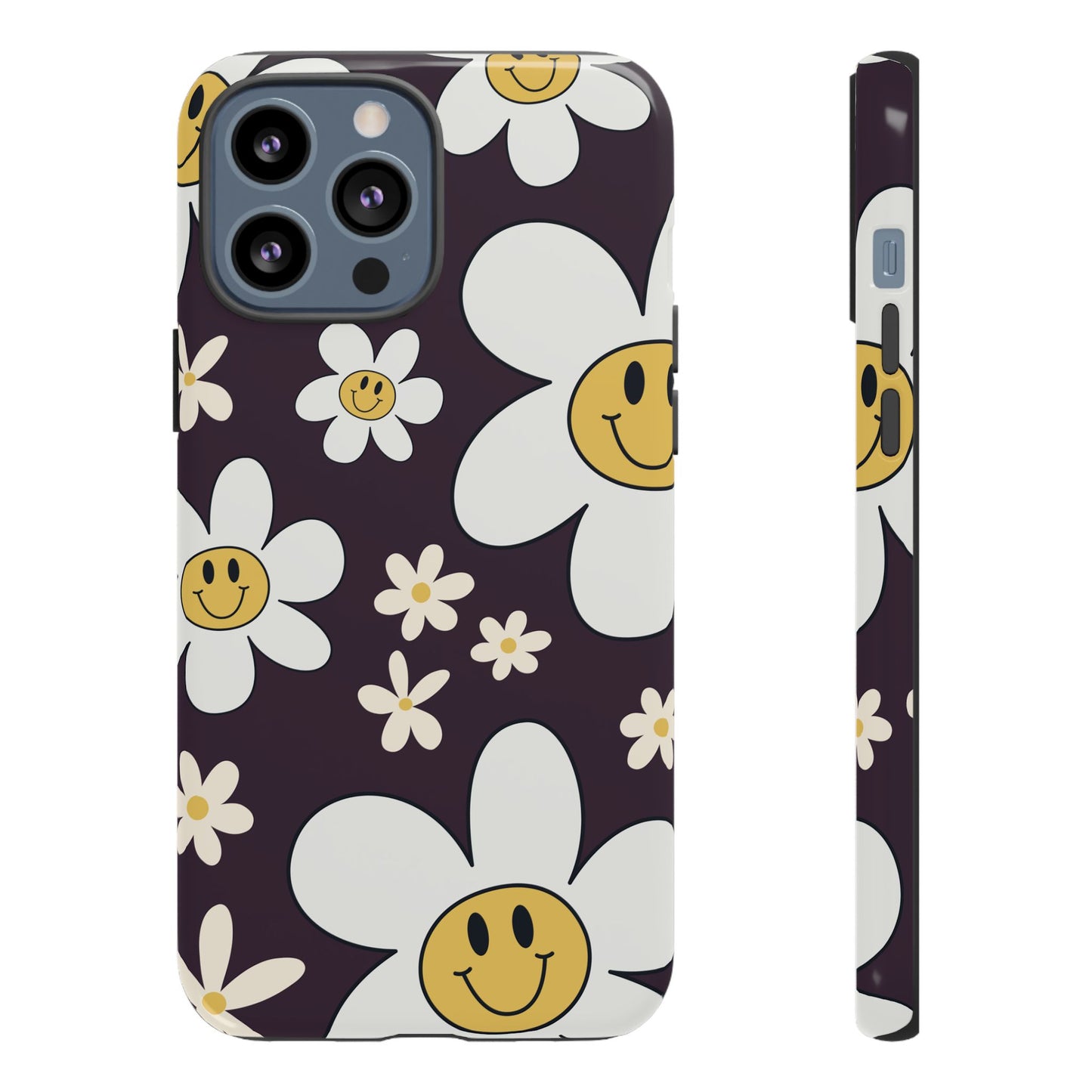 iPhone 13 Pro Max / Glossy Phone Case - Fun Retro Daisy Pattern with Purple Background Phone Case