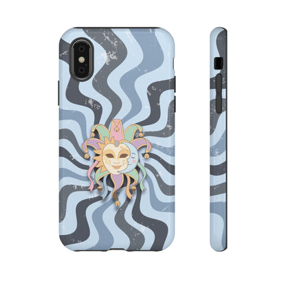 iPhone XS / Glossy Phone Case - Sun & Moon Jester Mask – Blue Retro Wave Phone Case